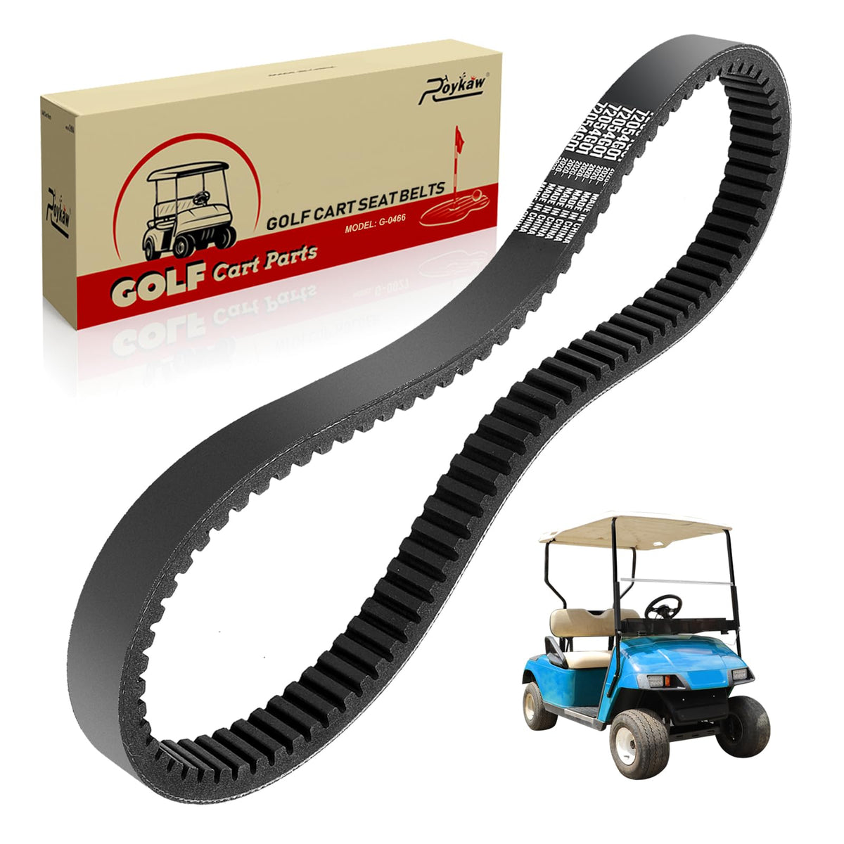 Roykaw clutch drive belt for EZGO TXT closeup showing durable construction for smooth shifts