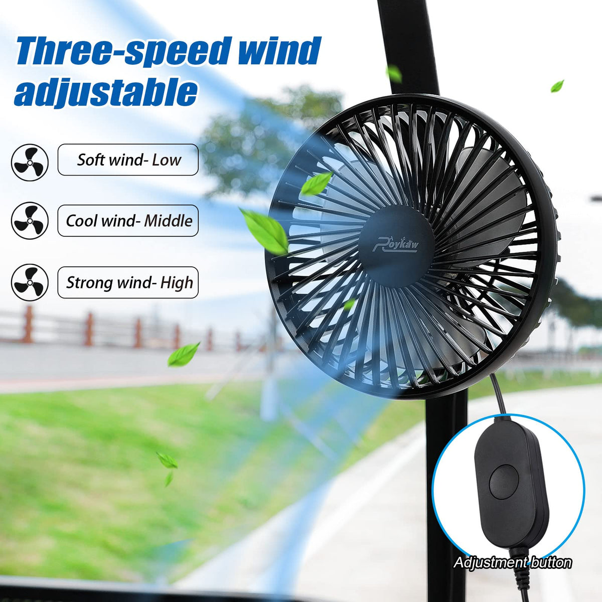 Roykaw golf cart fan showing 360 degree rotation for directional airflow