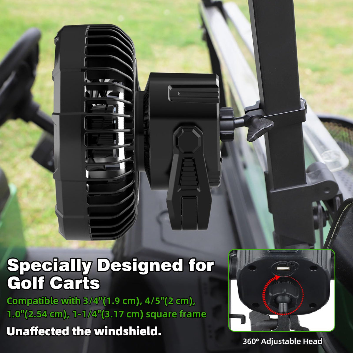 Roykaw golf cart fan LED lantern brightening night drives.