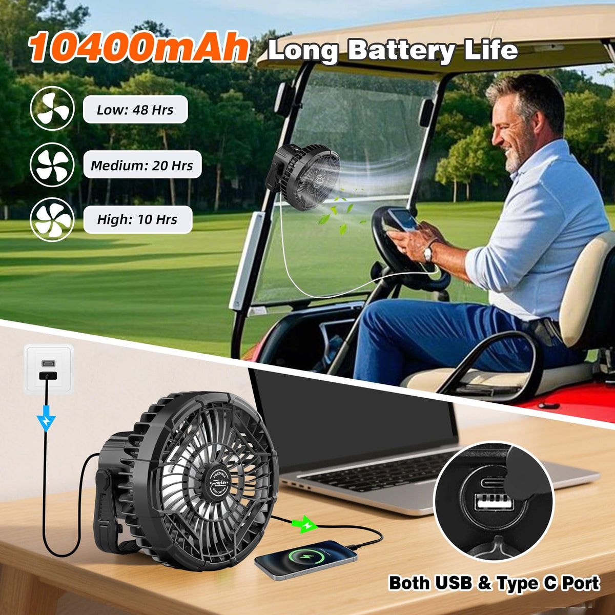 Roykaw golf cart fan portable handle for simple transport.