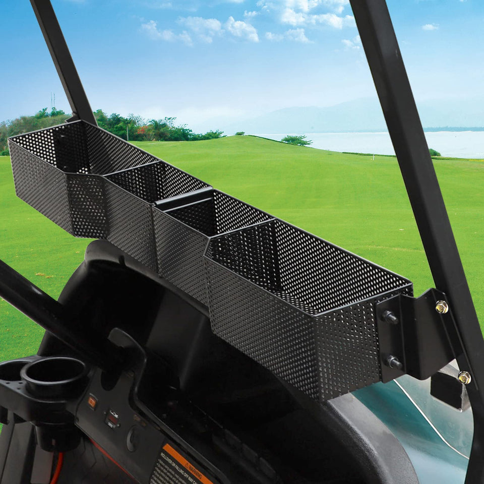 Roykaw front inner basket on a golf cart keeps essentials within reach.