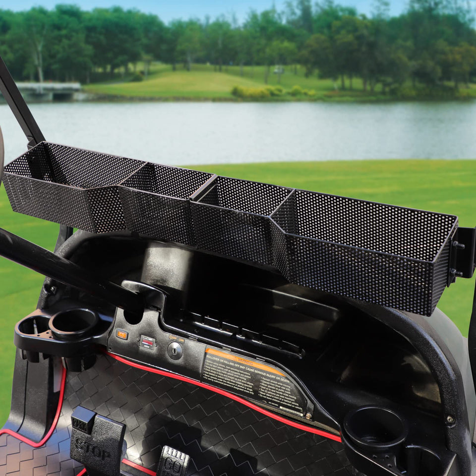 Roykaw golf cart front dash organizer closeup showing rust-resistant stainless build for durable storage.