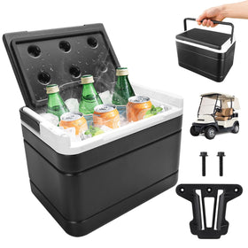 Roykaw golf cart ice cooler with mounting bracket for Club Car Precedent installation, keeps drinks cold.
