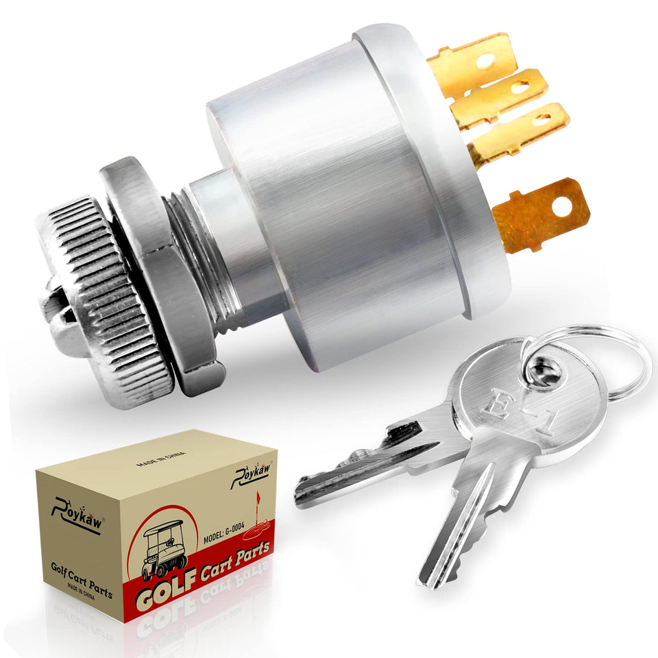 Roykaw ignition switch front view highlights durable 4-terminal design for EZGO TXT and Medalist