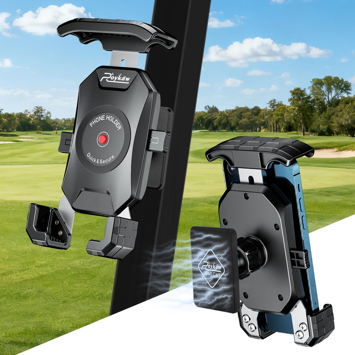Roykaw golf cart magnetic phone holder securely attaches to the cart frame for hands-free viewing