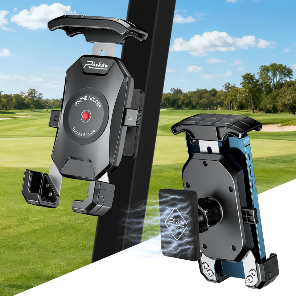Roykaw golf cart magnetic phone holder securely attaches to the cart frame for hands-free viewing