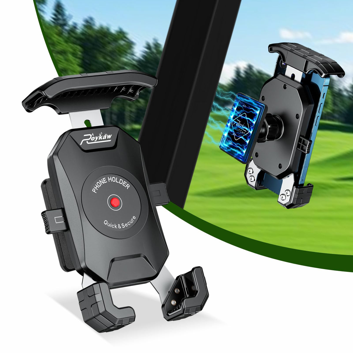 Roykaw golf cart magnetic phone holder with ultra-strong magnet for secure attachment on rough terrain.