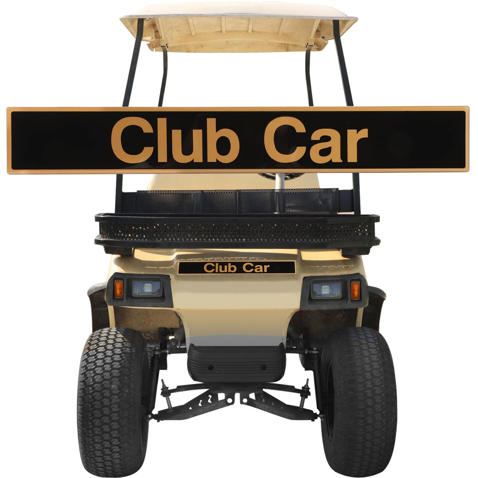 Roykaw golf cart name plate close-up shows black-gold emblem for premium exterior