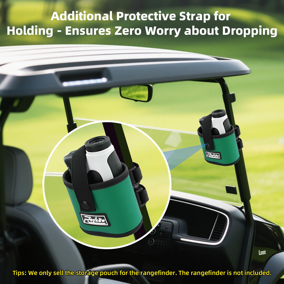 Roykaw golf cart rangefinder holder secures device on rough terrain