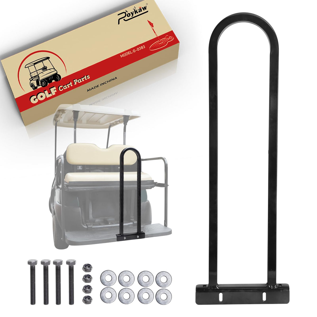 Roykaw rear seat grab bar on a golf cart provides secure passenger support.