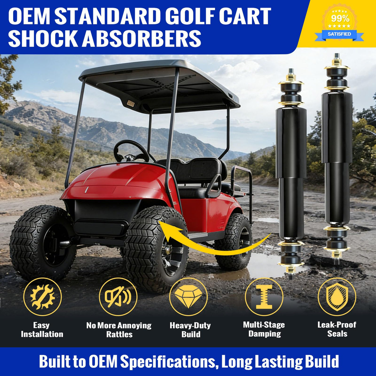 Roykaw rear shock absorber for EZGO TXT improves stability on uneven surfaces.