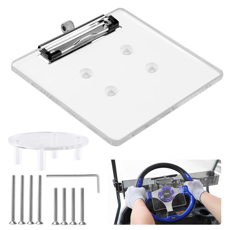 Roykaw clip secures scorecard on steering wheel for easy access.