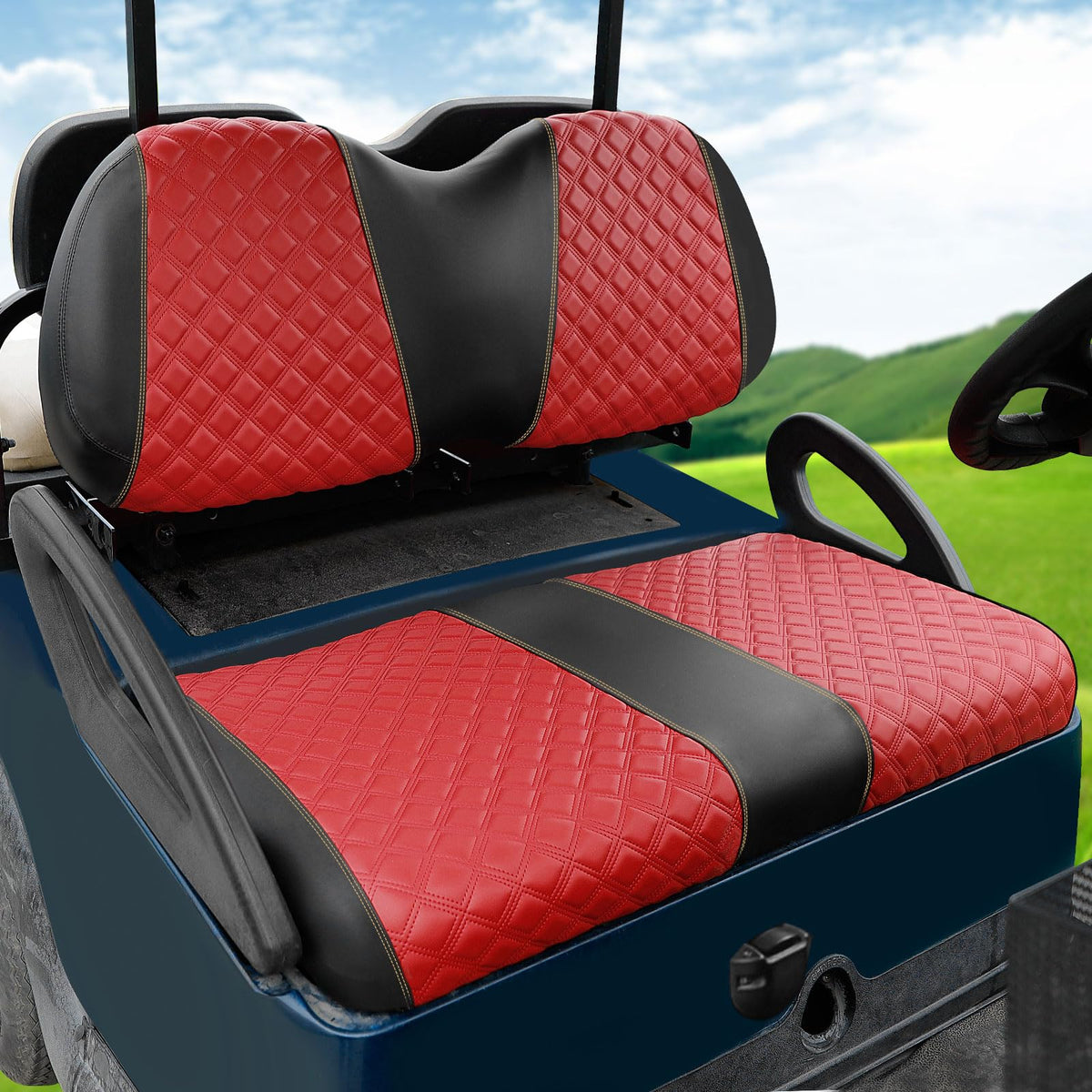 Roykaw front-backrest seat cover for Club Car Precedent enhances grip and style.