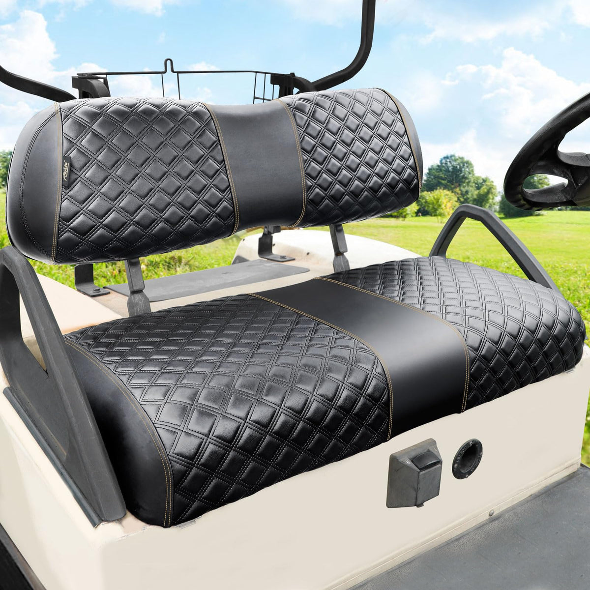 Roykaw Club Car DS front seat cover installed for protection and style.