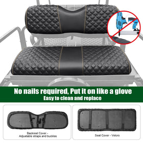 Roykaw golf cart seat cover installation demonstrates no-nail attachment.