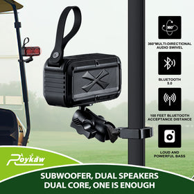 Roykaw speaker in use on a golf cart delivering clear stereo sound.