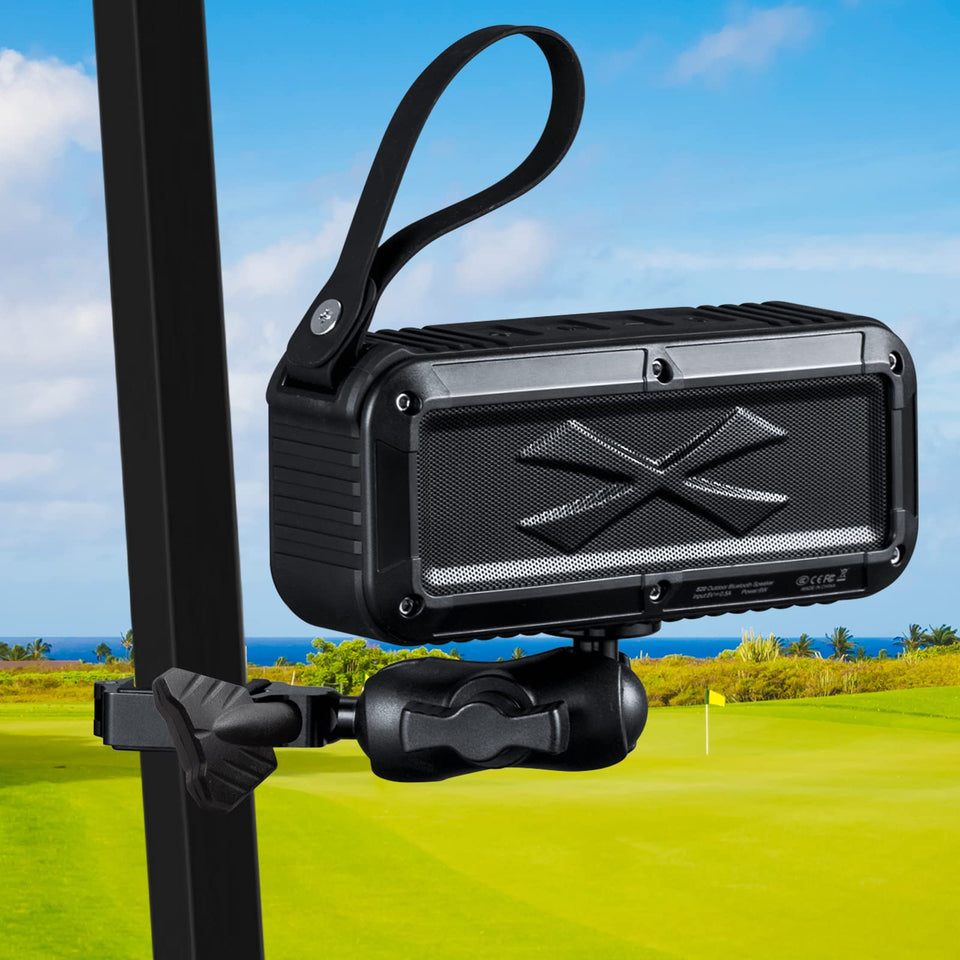 Roykaw golf cart speaker mounted securely on a square frame for stable rides.
