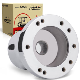 Roykaw Club Car DS chrome steering wheel adapter, front view showing secure fit
