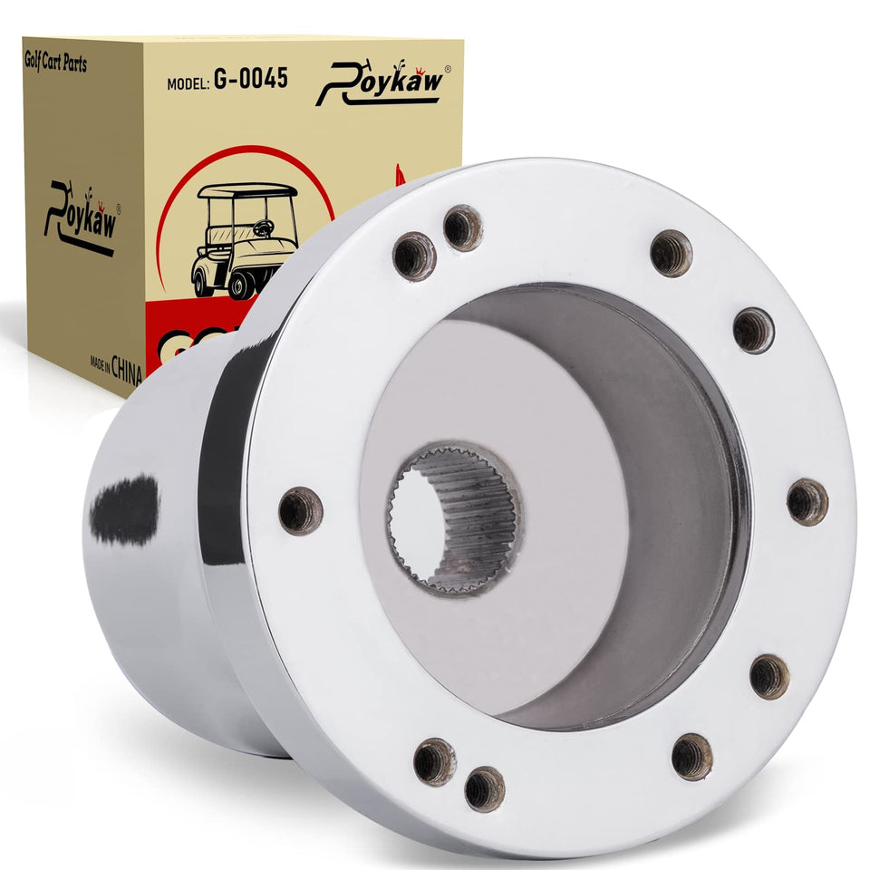 Roykaw Club Car DS chrome steering wheel adapter, front view showing secure fit