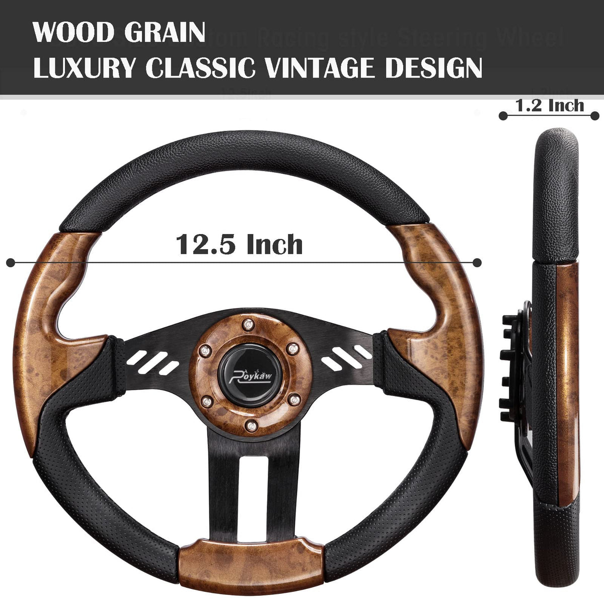 Roykaw steering wheel featuring a black vinyl grip for comfortable handling.