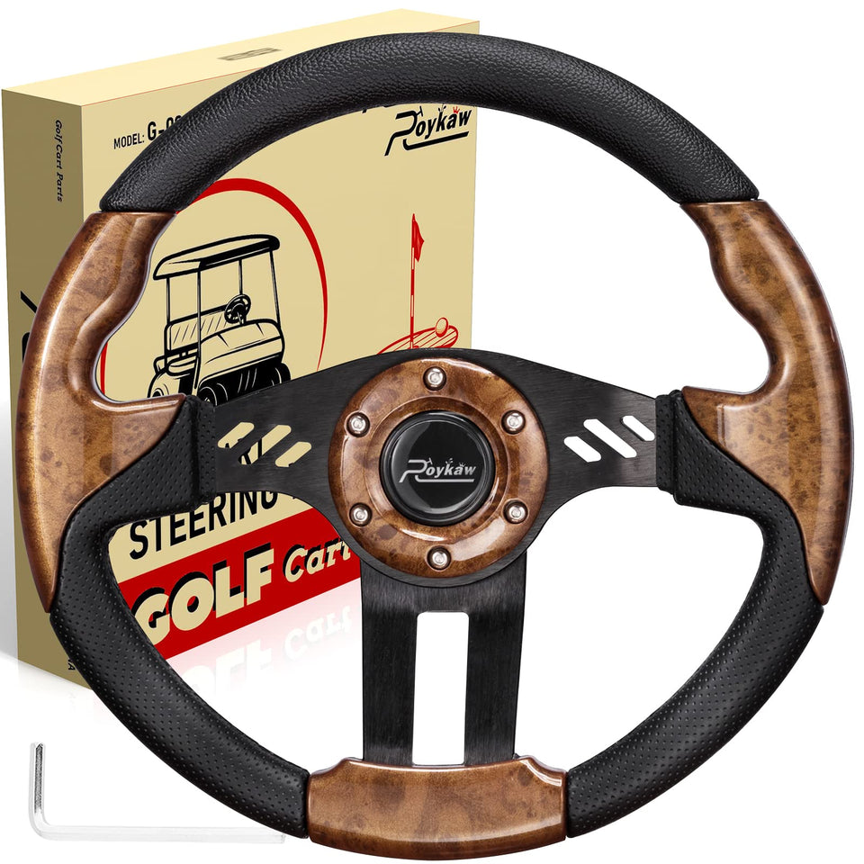 Roykaw golf cart steering wheel with brushed aluminum spokes for a durable, stylish upgrade.