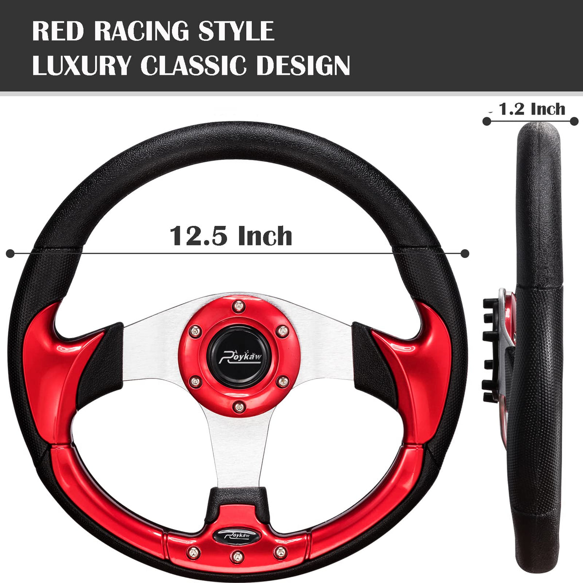 Roykaw steering wheel with brushed aluminum spokes adds premium style