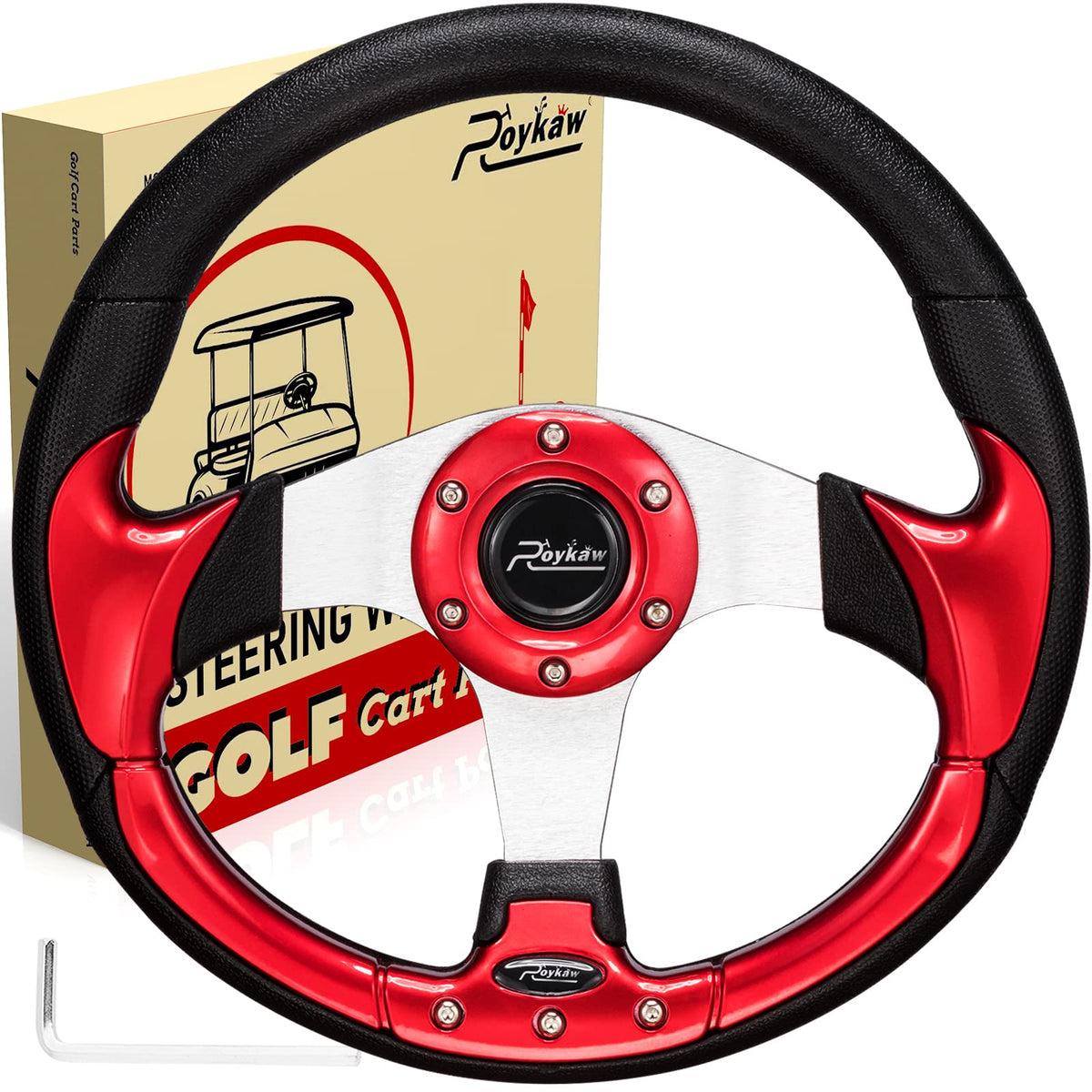 Roykaw golf cart steering wheel in red and black enhances grip