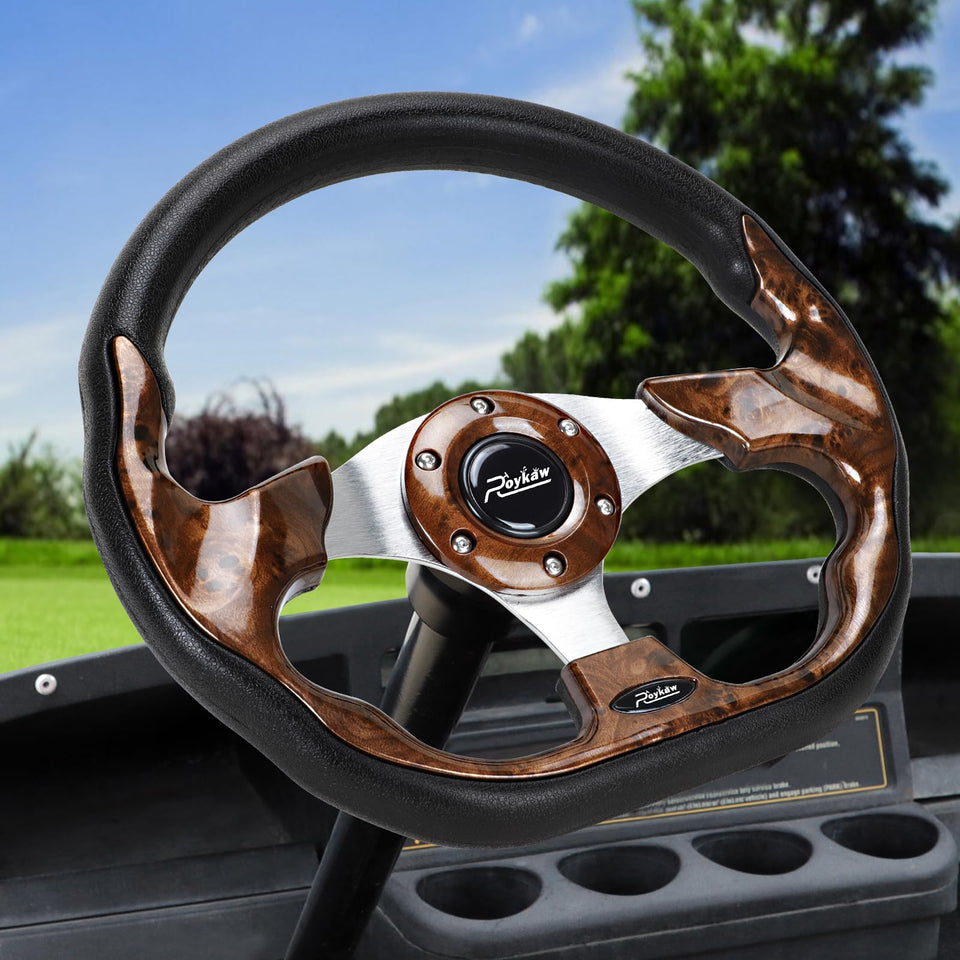 Roykaw universal steering wheel with EZGO compatibility and a premium wood finish.