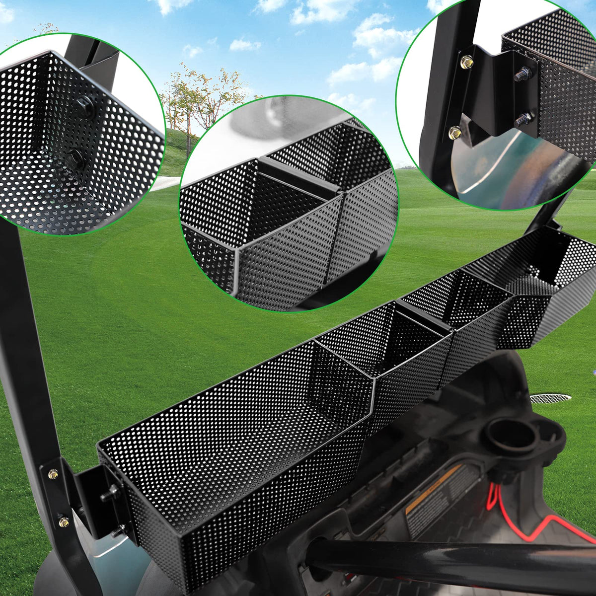 Roykaw golf cart tray sturdy stainless with rubber coating protects against wear.
