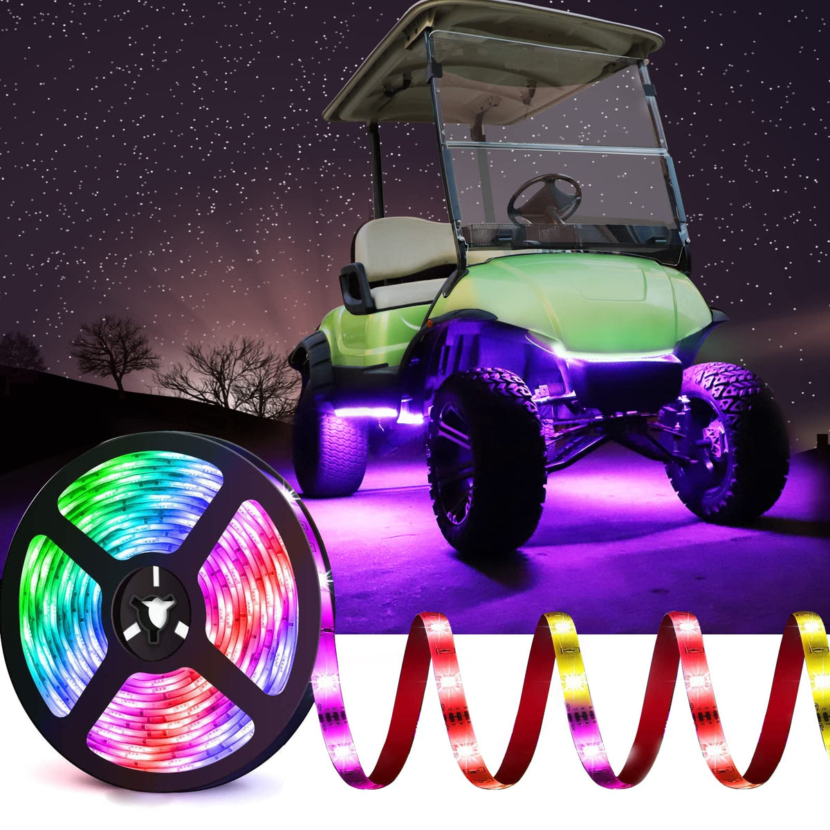 Roykaw underbody LED strip provides vibrant night glow for golf carts
