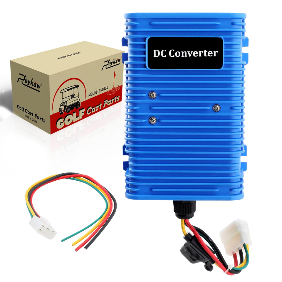 Roykaw golf cart voltage reducer front view shows compact design for reliable accessory power.
