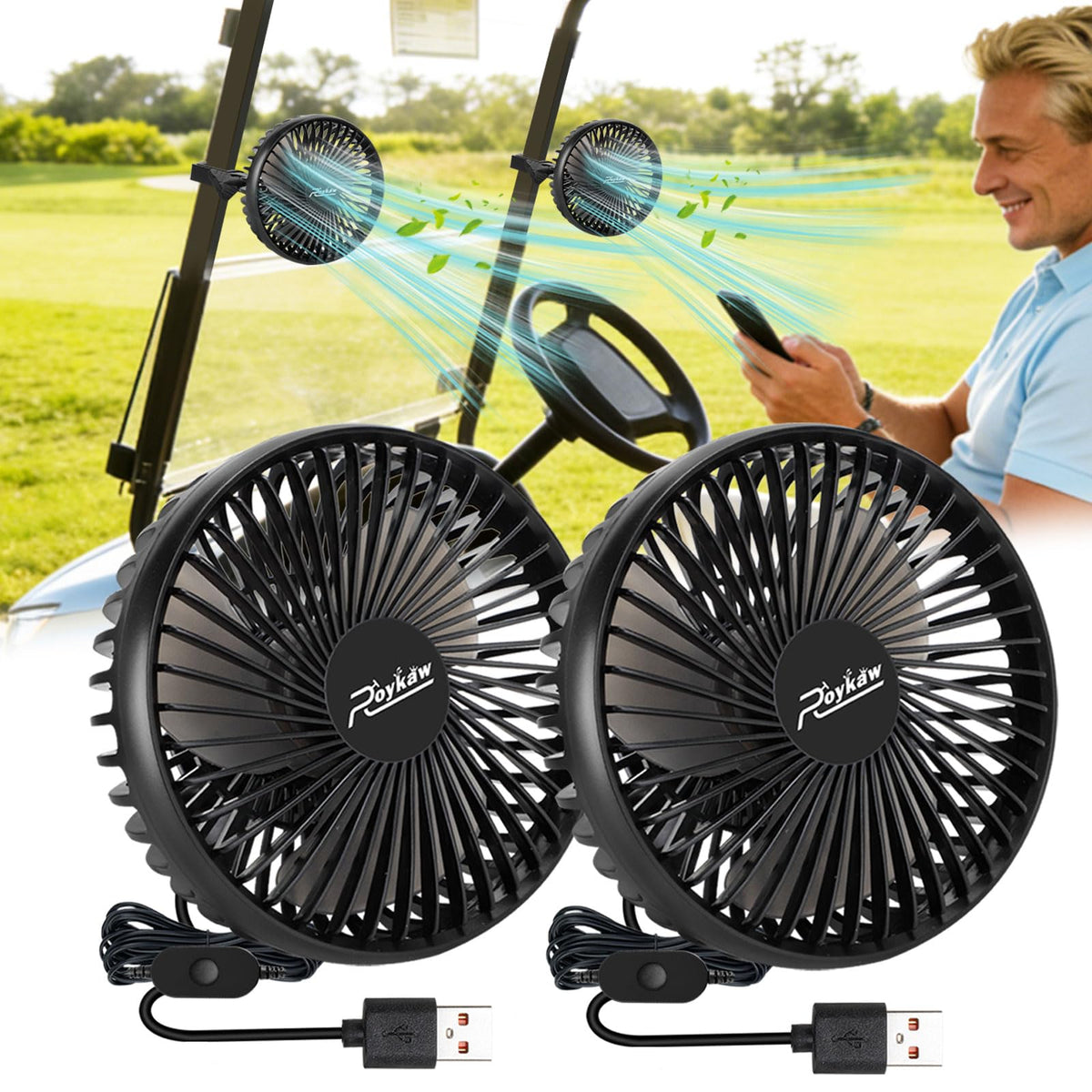 Roykaw golf cart fan mounts on square tubing for Ezgo Club Car Yamaha, delivering stable cooling.