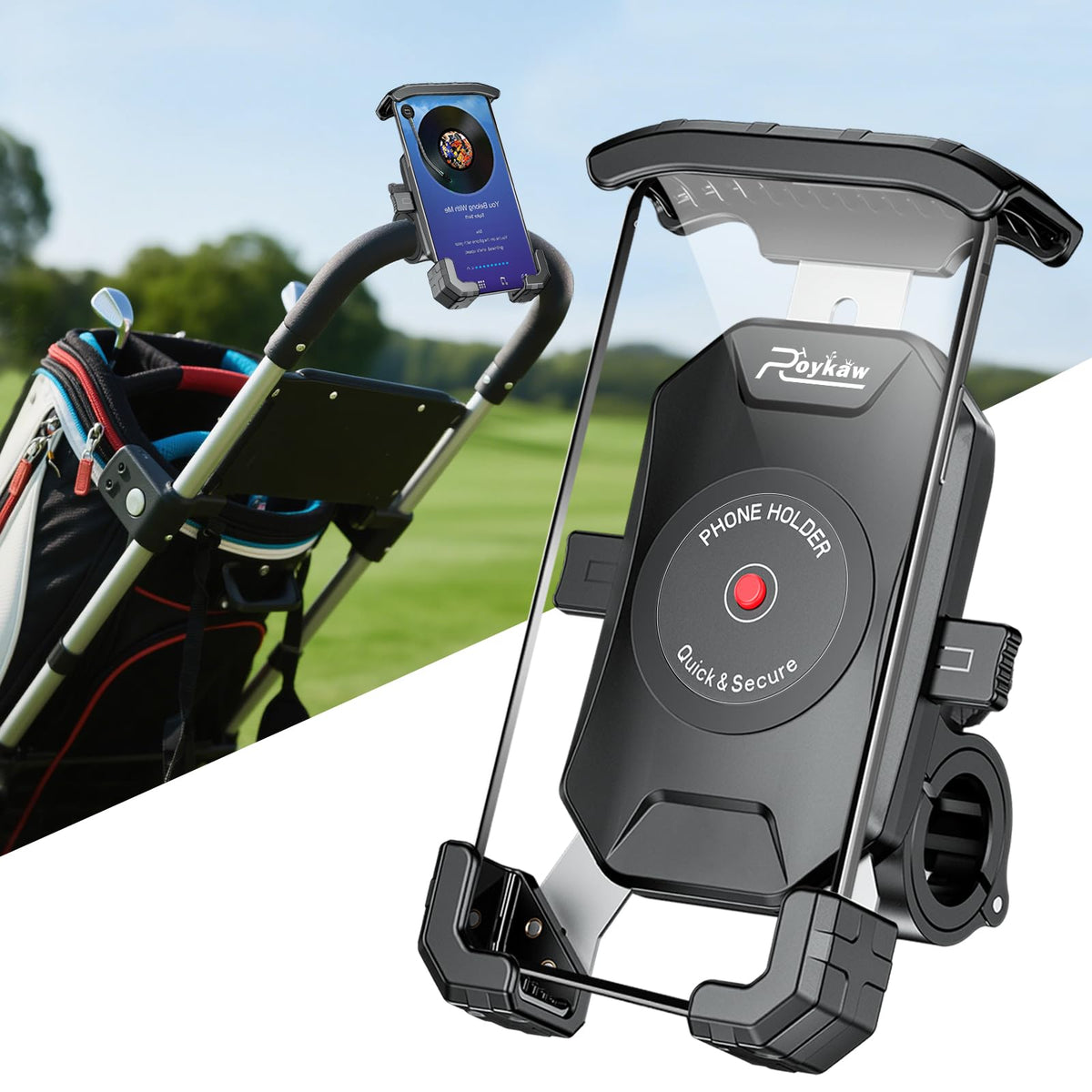 Roykaw golf push cart phone holder side view with secure grip for hands-free GPS