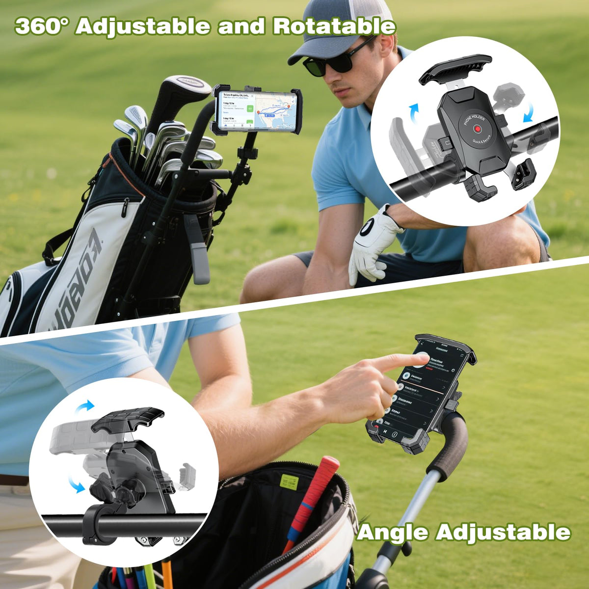 Roykaw golf push cart phone holder top view for easy phone access on course
