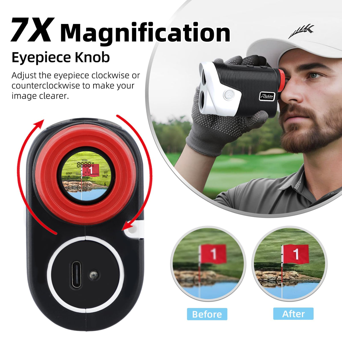 Roykaw golf rangefinder flagpole lock demonstrates precise targeting up to 300 yards