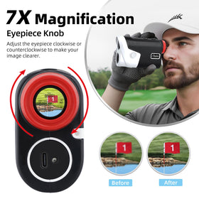 Roykaw golf rangefinder flagpole lock demonstrates precise targeting up to 300 yards