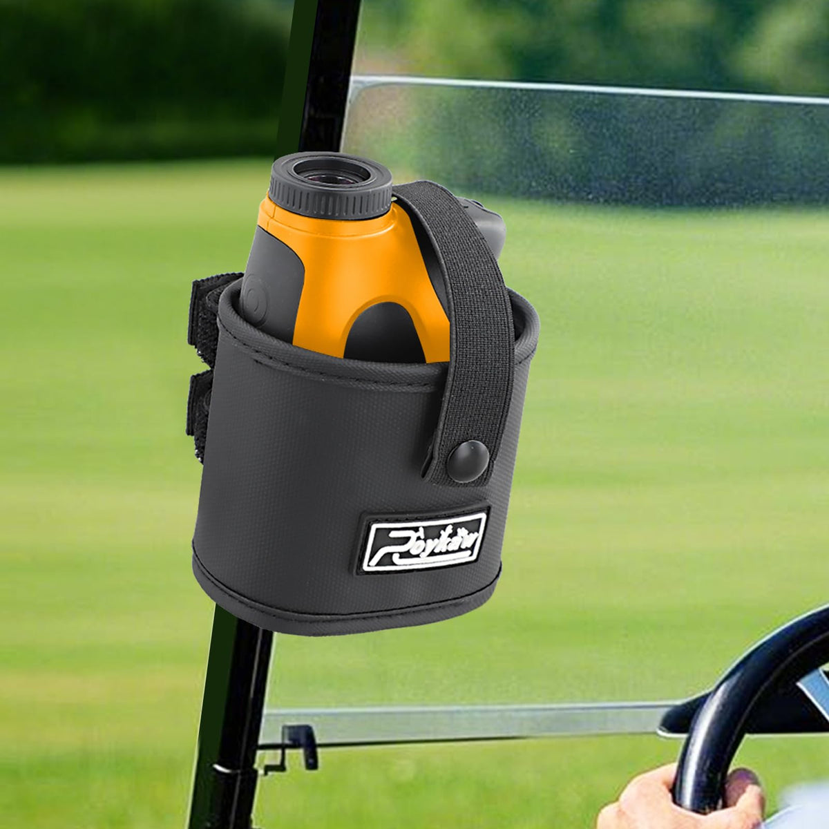 Roykaw golf rangefinder pouch mount front view demonstrates quick, secure access during play