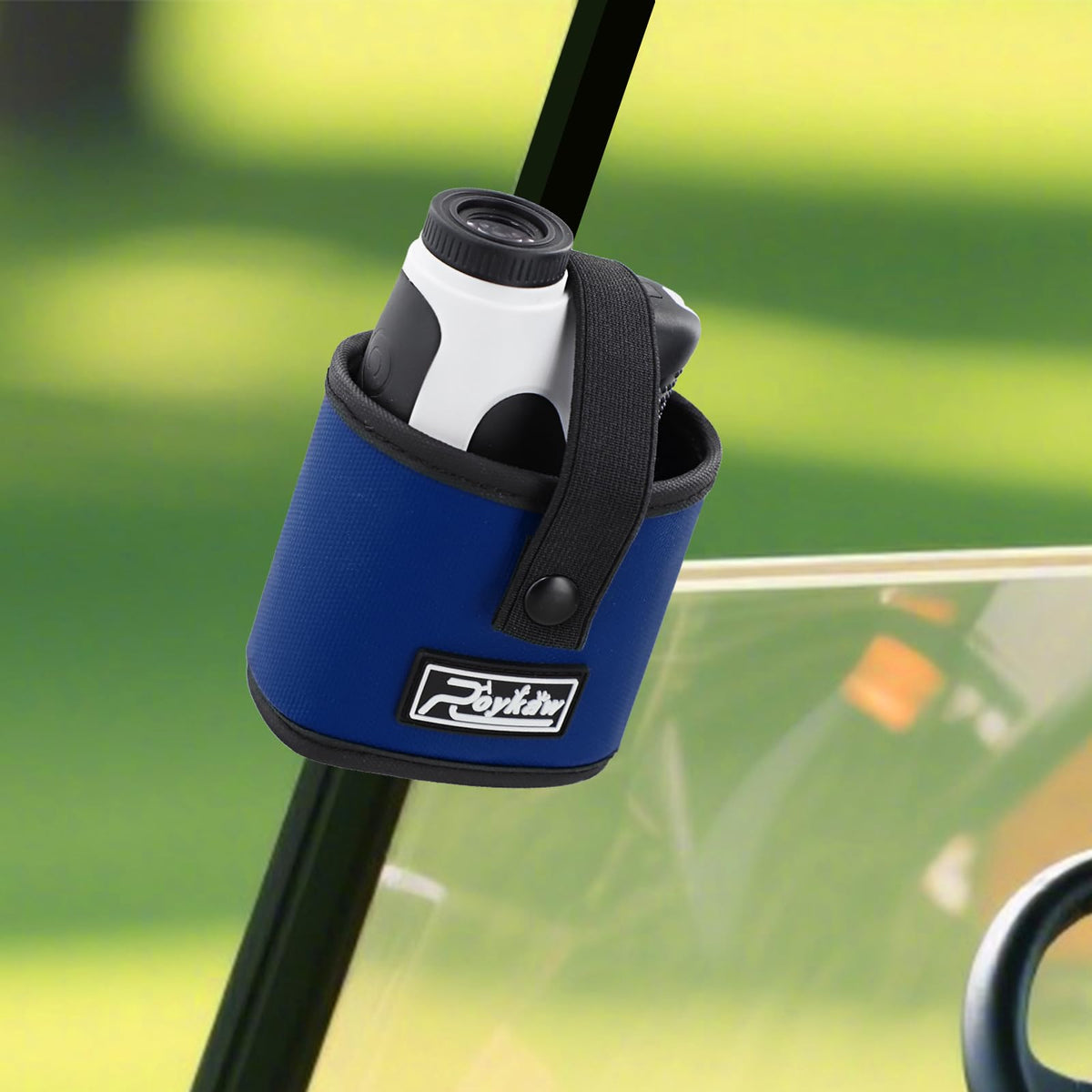 Roykaw golf-rangefinder-pouch-mount-strap secures rangefinder on any cart