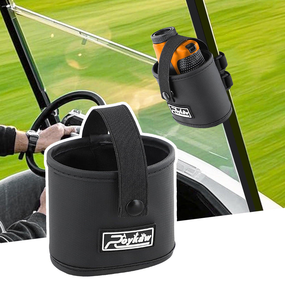 Roykaw golf rangefinder pouch mount shows universal fit for carts