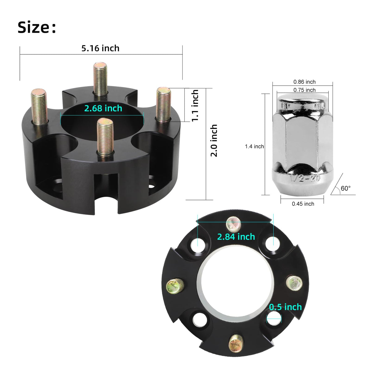 Roykaw golf spacer packaging contents showing 4 spacers and 16 lug nuts