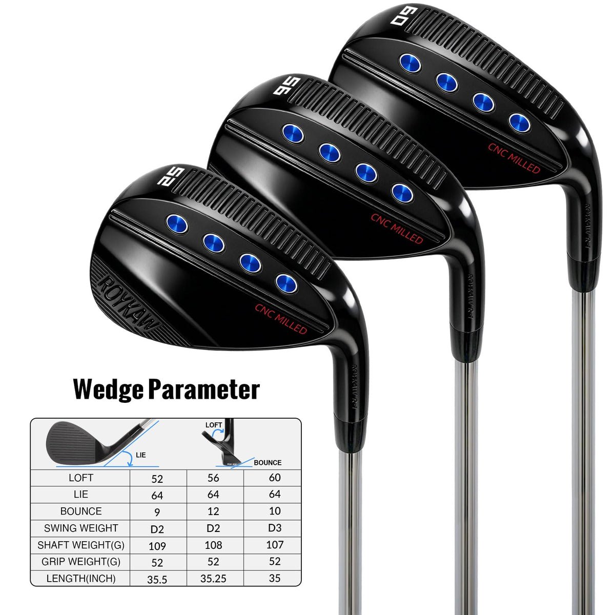 Roykaw golf wedge set includes 52 56 and 60 degrees