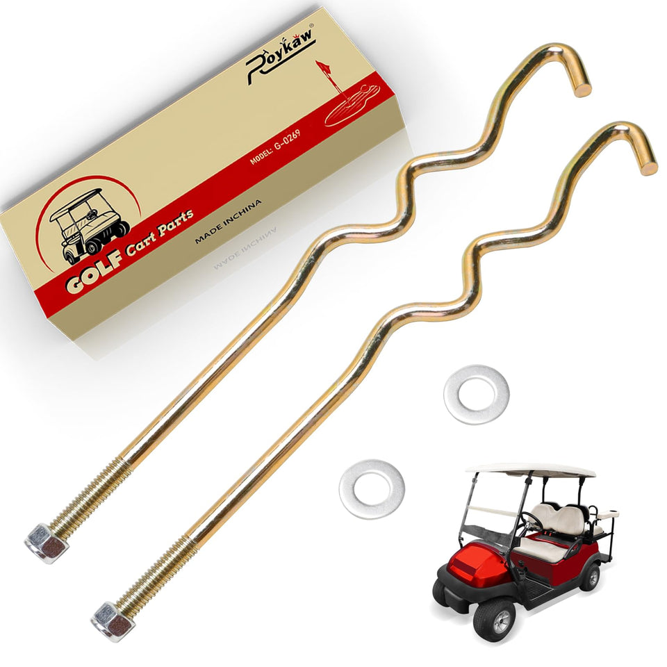 Roykaw hold-down rod secures 48V Club Car Precedent battery for stable contact.