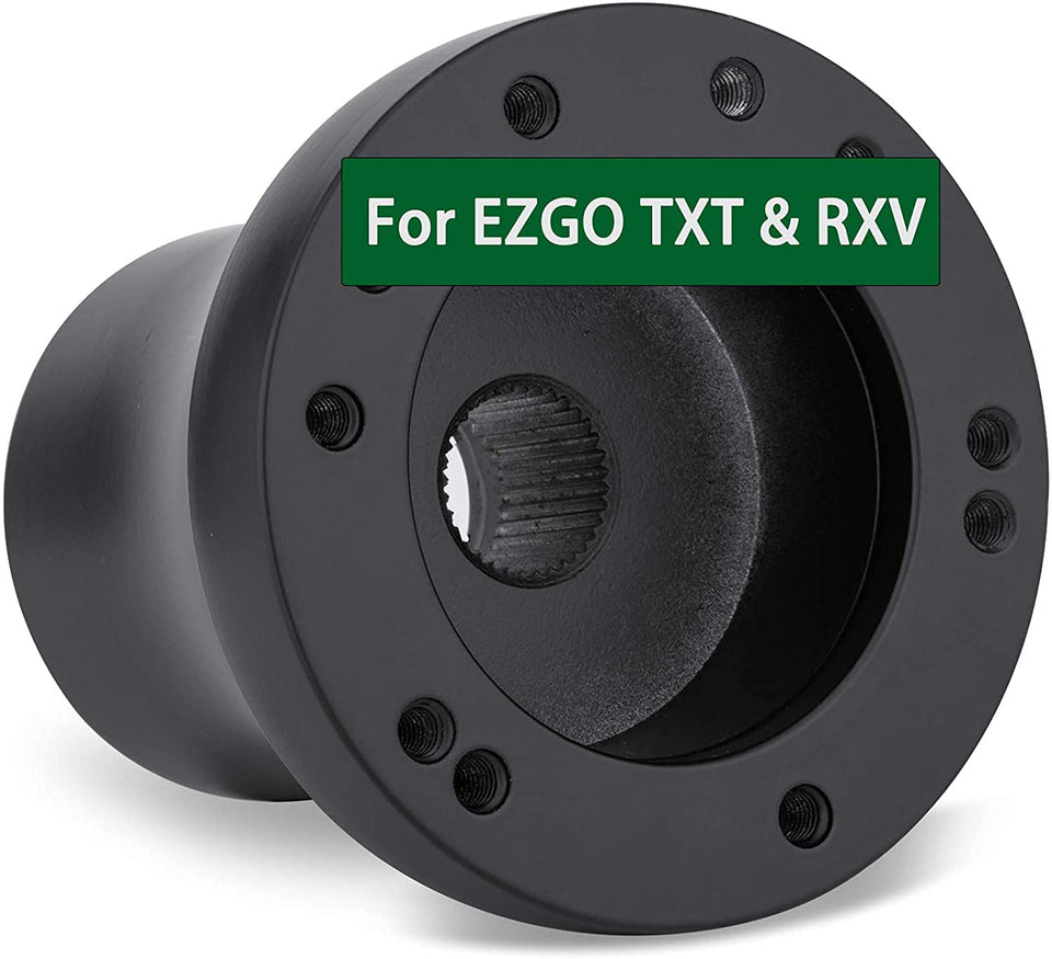Roykaw hub adapter front view shows EZGO TXT and RXV compatibility for secure steering wheel fit