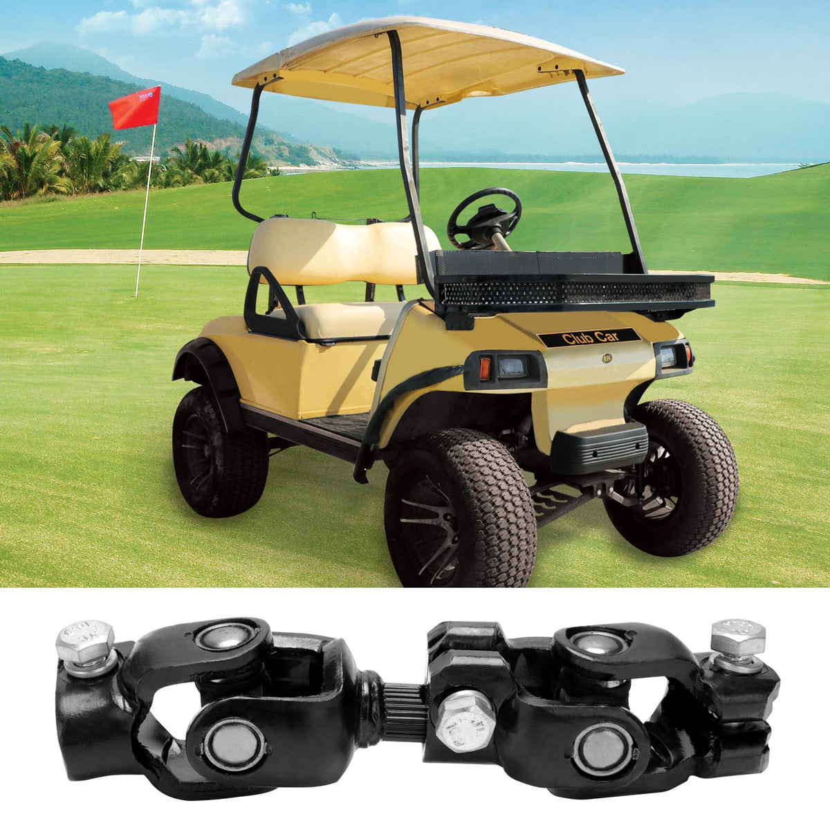 Roykaw installation-ready image shows simple integration into the golf cart steering system.