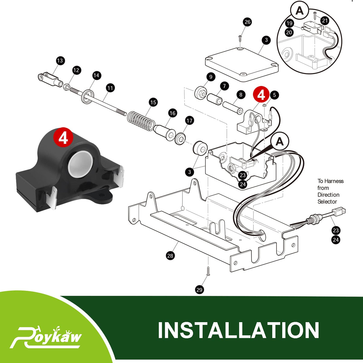 Roykaw installation step 2 shows sensor replacement in harness.