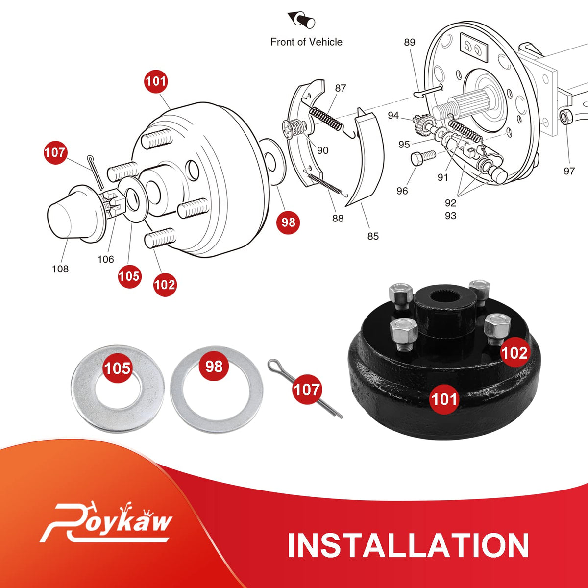 Illustrated installation steps for Roykaw EZGO brake drum kit.