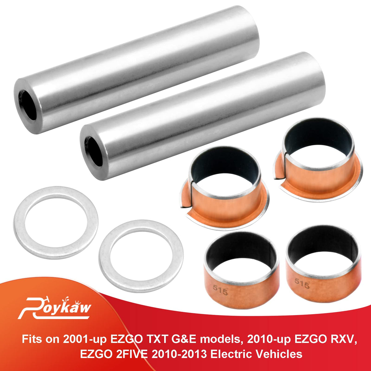 Roykaw kit components close-up showing bushings and thrust washer for replacement.