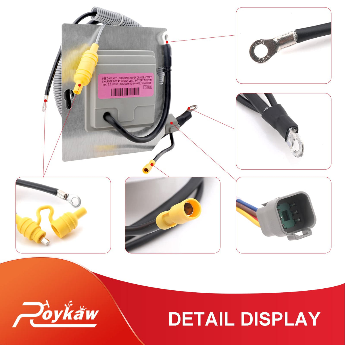 Roykaw OBC installation kit image shows friendly integration with 48V Club Car