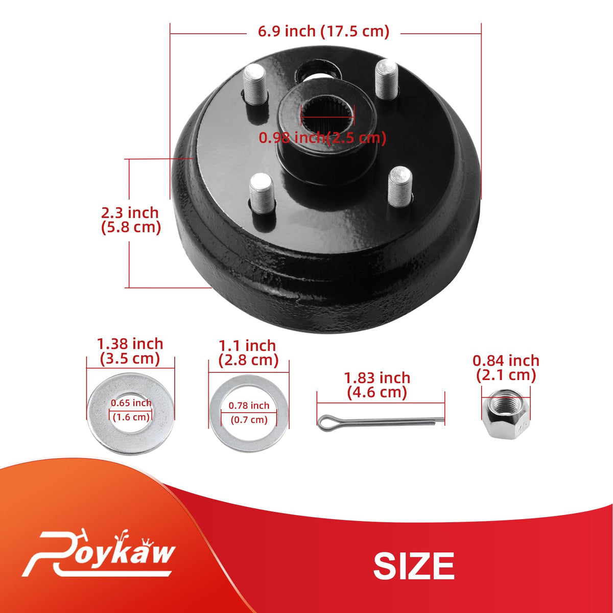 Package includes Roykaw brake drums, lug nuts, and washers for EZGO.
