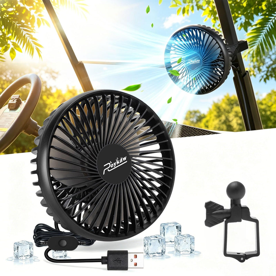 Roykaw portable USB golf cart fan clipped to frame for cooling on the course.